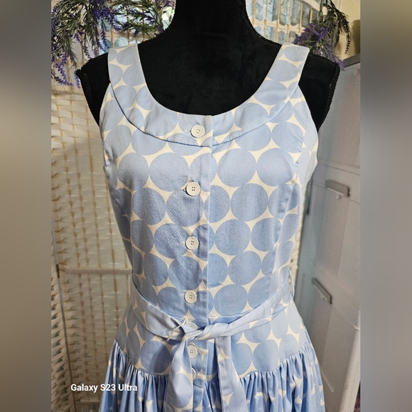 Vintage Y2K Calvin Klein Blue White Polka Dot Sleeveless Midi Dress Full Skirt - Picture 3 of 9